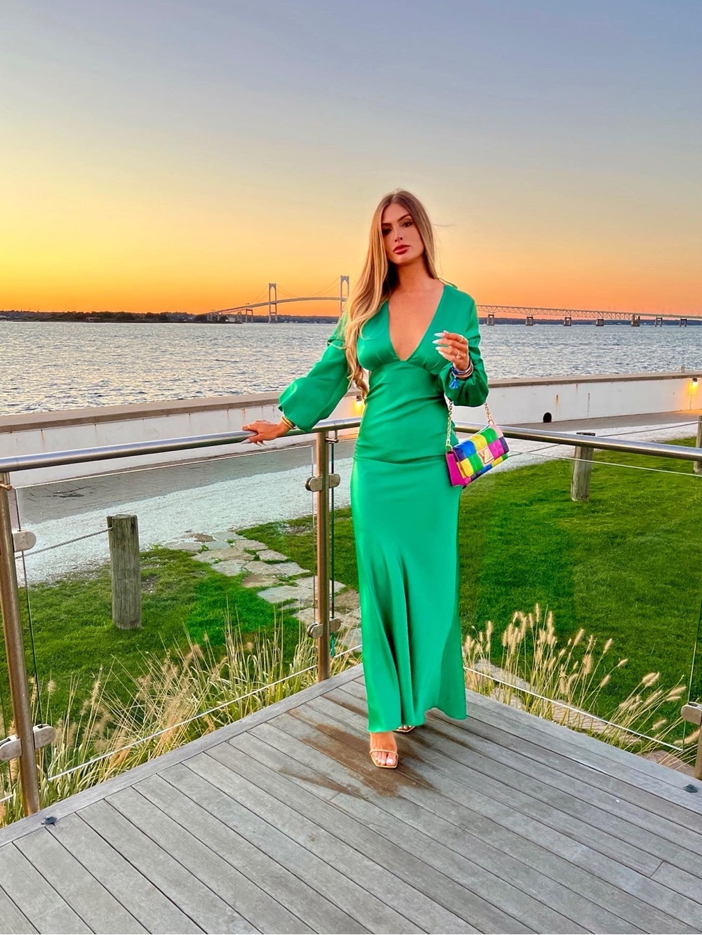 Green Satin Long-Sleeve V-Neck Open Back Dress
